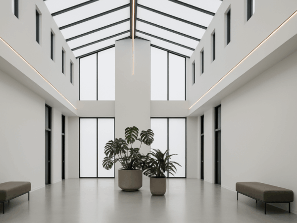 Minimalist commercial atrium with a large skylight and two modern planters featuring Monstera and tropical foliage centred in the space.