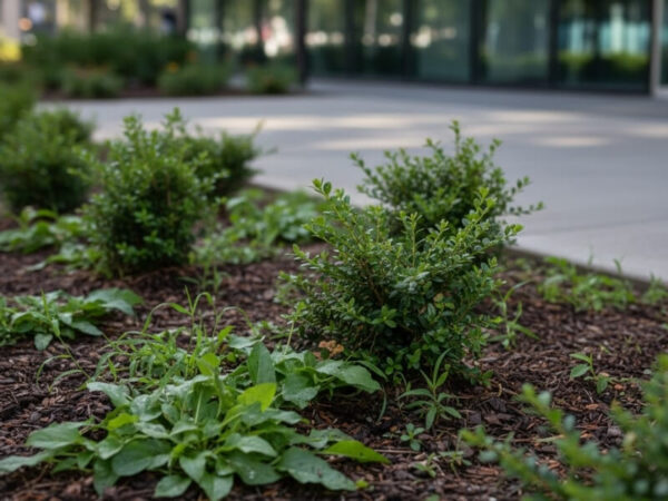 Weedy in-ground garden bed with young shrubs outside a commercial building.
