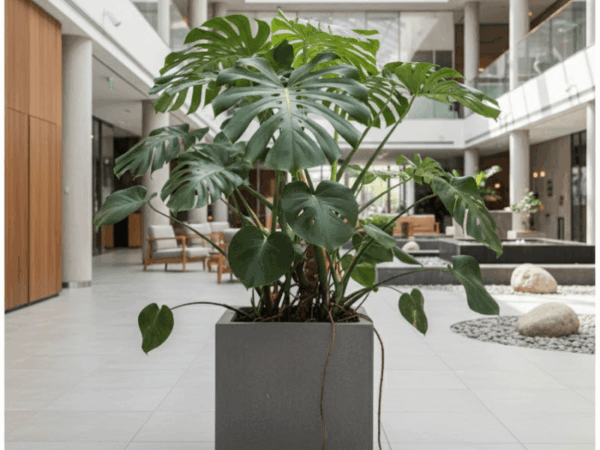 Large Monstera plant in a square grey planter placed in a bright commercial lobby with seating and stone accents.
