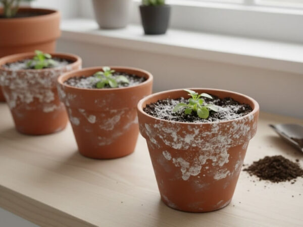 Salt and mineral build-up on the soil surface of a plant pot