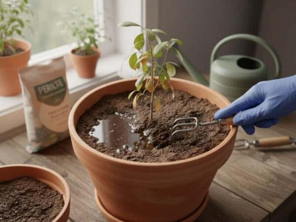 Compacted potting soil causing poor drainage in a planter
