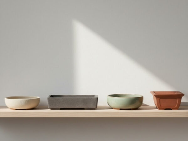 Four ceramic bonsai pots in different shapes and colours displayed on a wooden shelf.