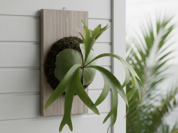 Minimalist mounted Staghorn fern on a verandah wall.