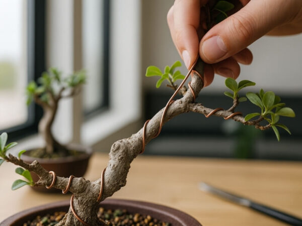 Close-up of a hand wrapping copper wire around a bonsai branch for shaping.