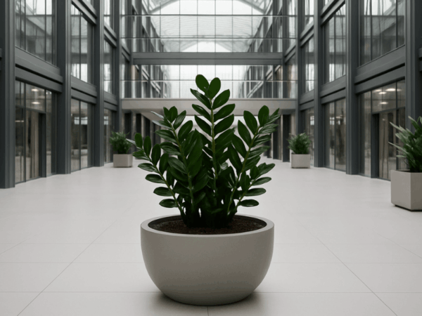 A ZZ plant in a large round planter placed in the center of a bright, modern commercial atrium with glass walls and tiled flooring.