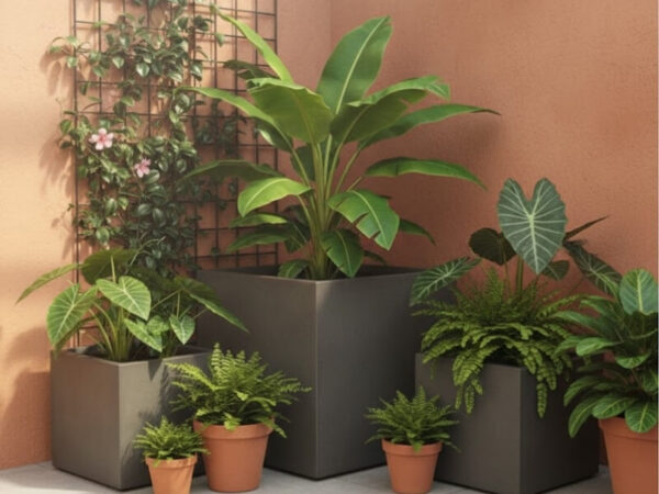 Subtropical plants growing successfully in planters within a sheltered microclimate.