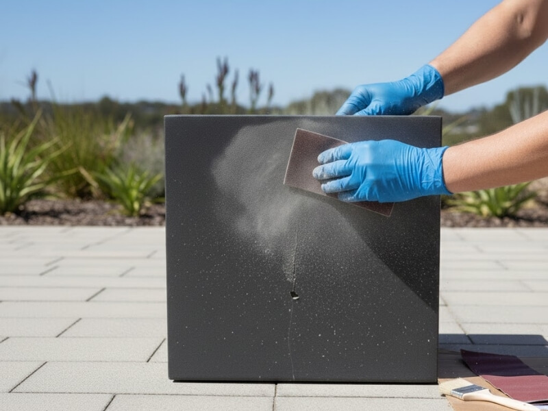 Sanding a fibreglass planter to prepare a crack for repair.