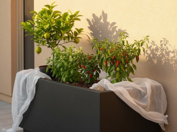 Dark raised planter against a house wall creating a frost-free microclimate for edible plants.