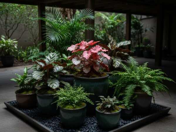 Grouped planters creating a humid microclimate for shade-loving plants.