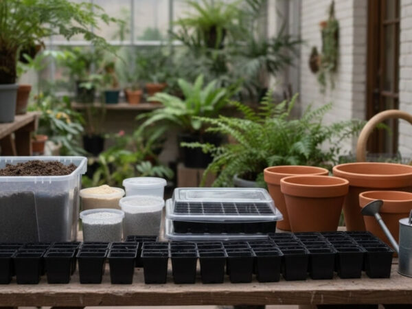 Assortment of pots and soil components