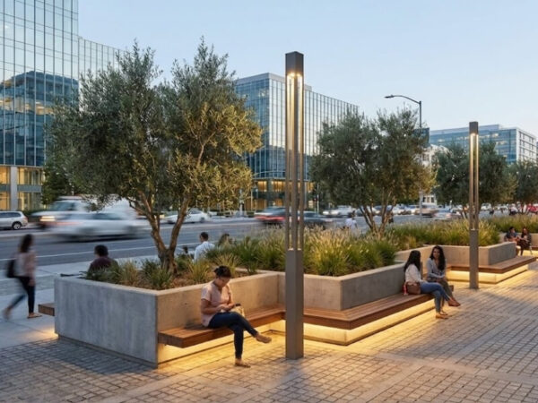 Concrete planter seating used for landscape design and pedestrian protection.