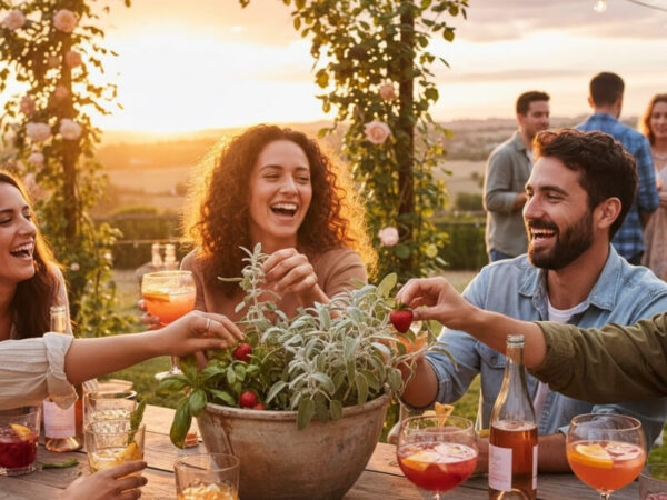 Guests picking fresh herbs from a cocktail planter while entertaining.