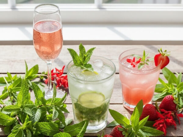 Three garden-to-glass drinks - a mojito, a pink spritzer, and a Bellini - with fresh ingredients.