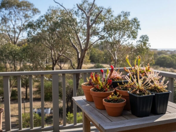 Australian pitcher plants and sundews growing in outdoor pots on a balcony