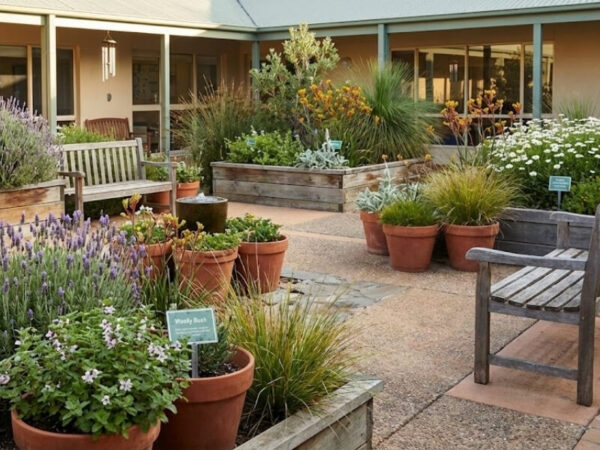 Potted sensory garden featuring herbs, tactile foliage, and colourful flowers