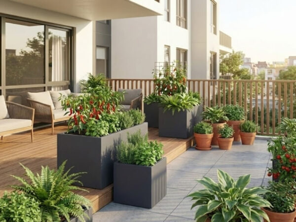 Planter box microclimate garden thriving on a sunny balcony.