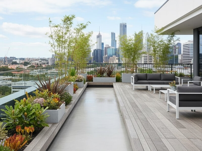 Rooftop garden with large planters integrated into a building structure