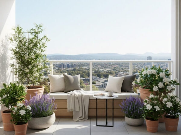 Potted scented plants arranged on a modern balcony with soft afternoon light.