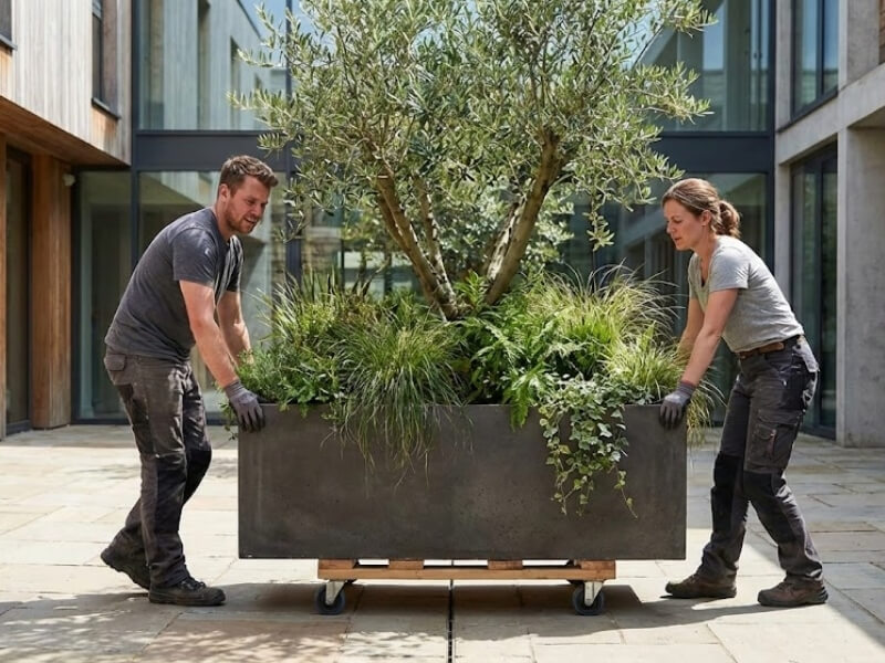 Two people moving a large outdoor planter on a furniture dolly across a paved courtyard