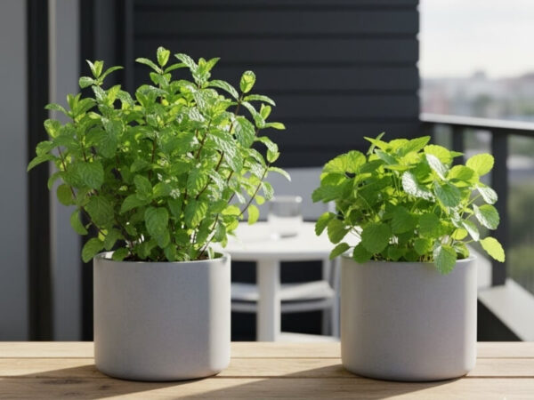 Mint and lemon balm plants in modern pots on a sunny balcony.