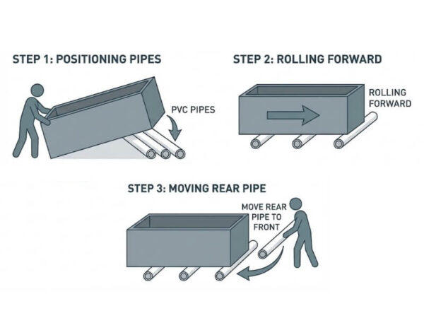 Simple step-by-step illustration of a planter rolling over PVC pipes.