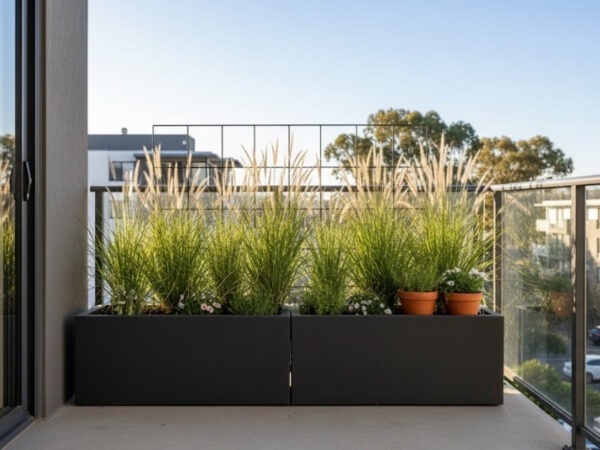 Tall planter and trellis used as a windbreak to protect container plants.