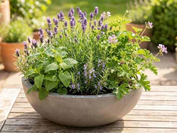 Pots of lavender, lemon balm, rosemary, and scented geraniums