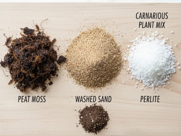 Flat-lay of peat moss, washed sand, and perlite used to create a carnivorous plant soil mix