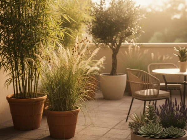 Potted bamboo and ornamental grasses