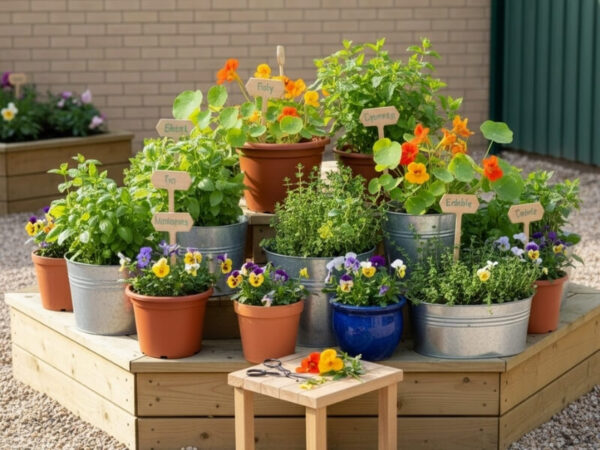 Potted mint, basil, thyme, and edible flowers