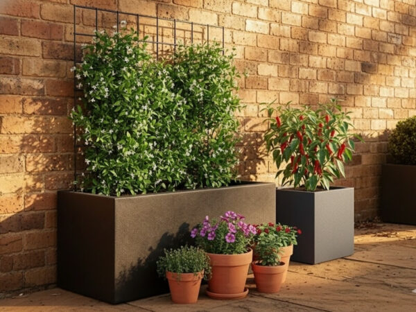 Stacked microclimate techniques using planters, walls, and trellises.