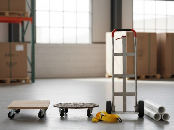 Tools for safely moving extra-large planters, including dollies, lifting straps, and rollers