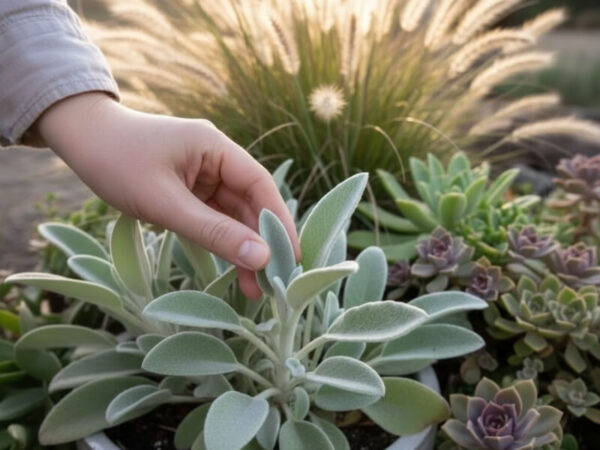Lamb’s ear, ornamental grasses, and succulents in pots 
