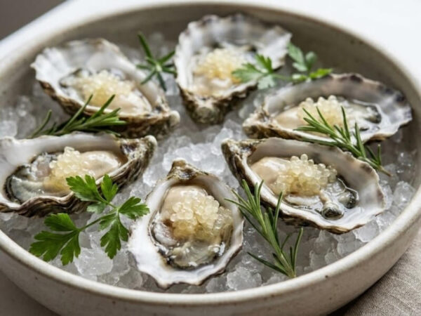 Finger lime pearls used as a garnish on freshly shucked oysters.