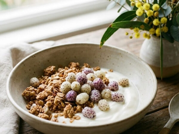 Midyim berries sprinkled over yoghurt and granola for breakfast.