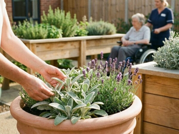 Hands touching lavender in a raised planter