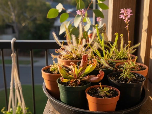 Collection of Australian carnivorous plants displayed in pots on a bright balcony shelf