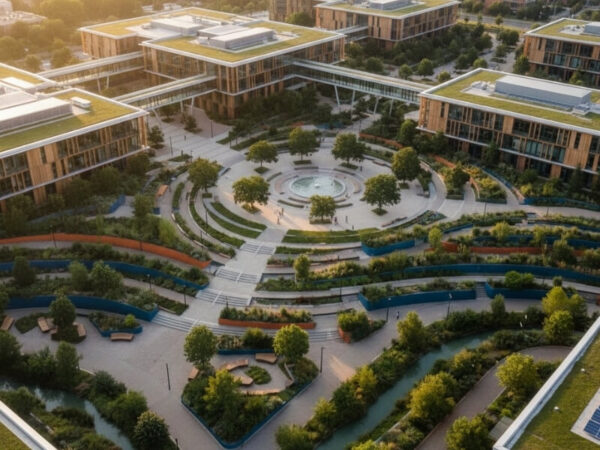 Integrated planters forming a cohesive campus wayfinding system.