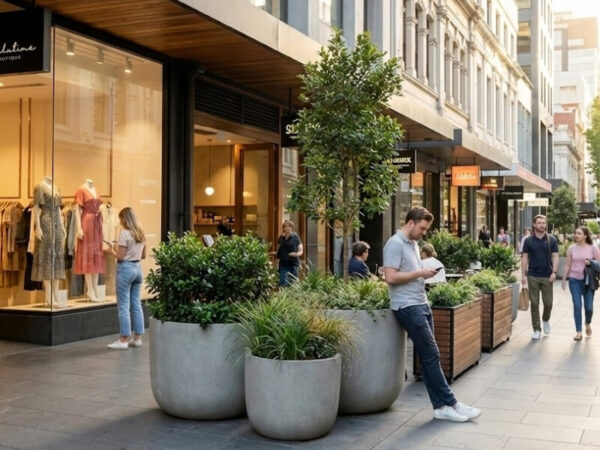 Planters slowing pedestrian movement in a retail precinct.