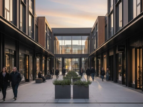 Planters guiding visitors toward a building entrance.