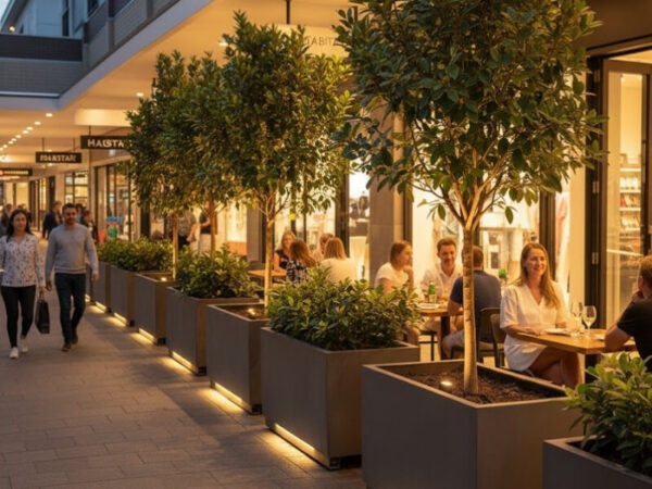 Green streetscape supporting evening retail trade.
