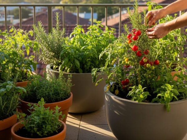 Harvesting fresh vegetables from balcony garden