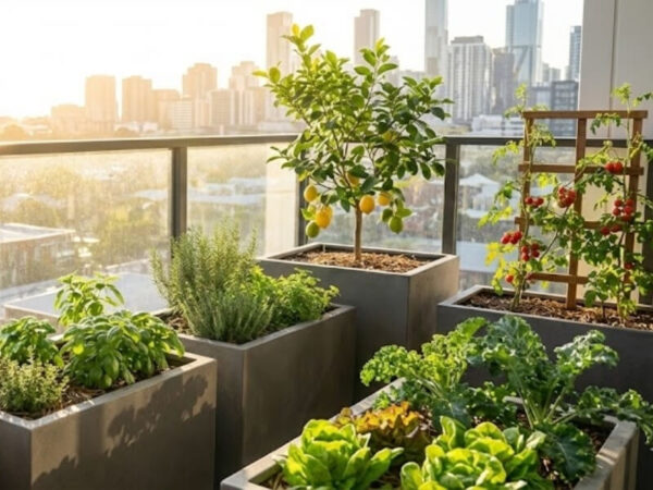 Edible balcony garden with citrus, vegetables, and herbs in pots