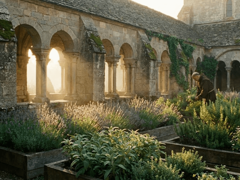 Medieval monastery herb garden with lavender, sage, and rosemary