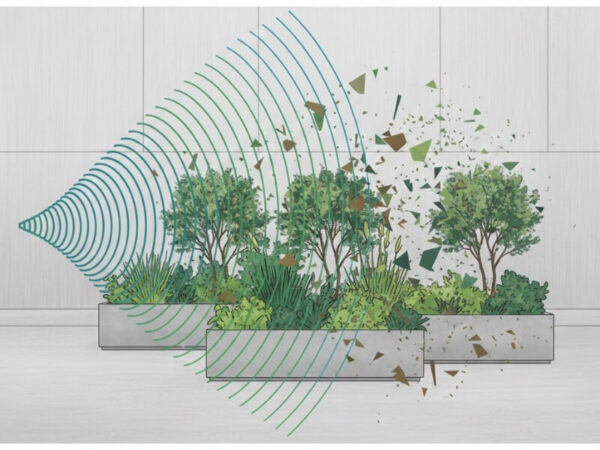 Illustration showing sound waves being absorbed and scattered by planted planters.