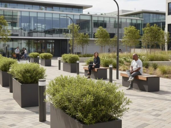 Integrated acoustic planters enhancing urban public space design.