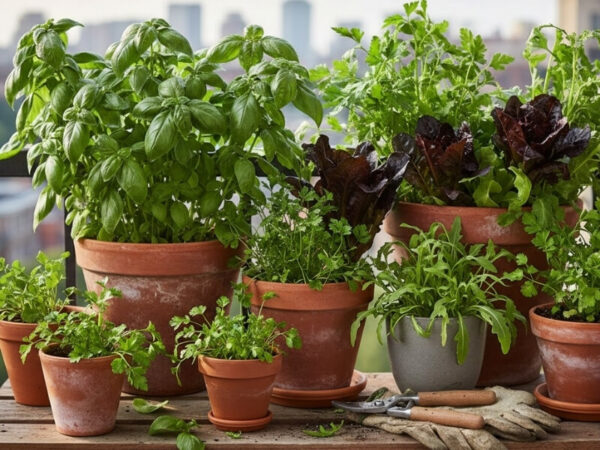 Herbs and leafy greens growing in medium containers
