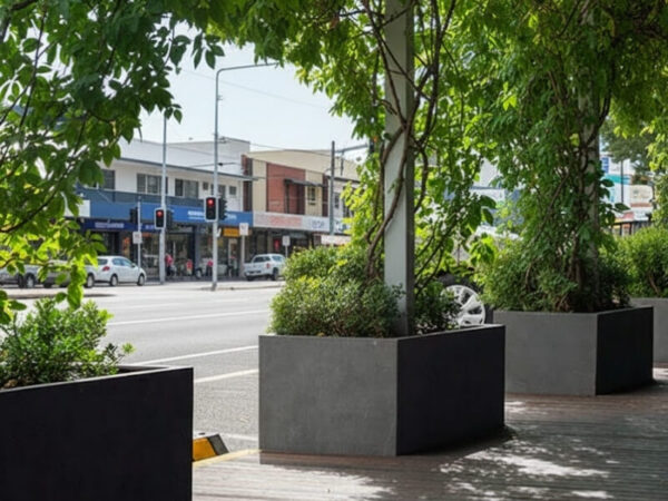 Planters providing shade and cooling in an urban street.
