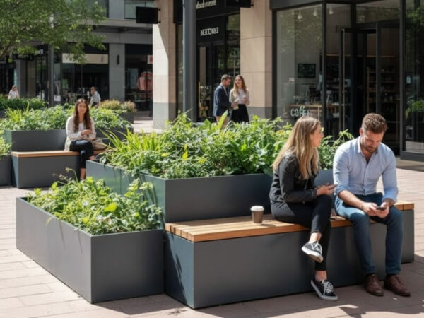 Planters activating a mixed-use development plaza.