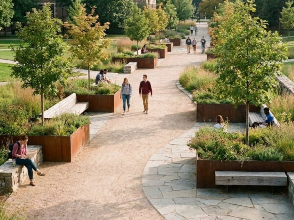 Planters defining pedestrian pathways in a park setting.